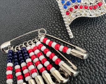 Vintage Patriotic Safety Pin Brooch Set: USA Flag, Red White Blue Beaded Pins