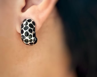 Vintage Black & Silver Pebble Pattern Clip-On Earrings | Statement Dome Earrings