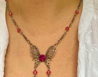Vintage Y2K Pink Crystal Butterfly Necklace Silver Tone Filigree Statement Lightweight