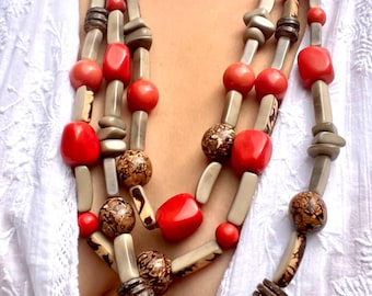 Vintage Multi Strand Beaded Necklace Orange Gray Seed Pod Boho Statement Necklace