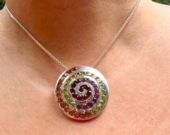 Sterling Silver Spiral Pendant Necklace, Multi-Color Faceted Semi-Precious Stones, 925 Italy Chain