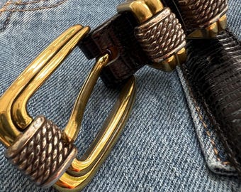 Vintage Brighton Classics Black Leather Belt Silver Gold Two Tone Buckle Women’s Retro Belt