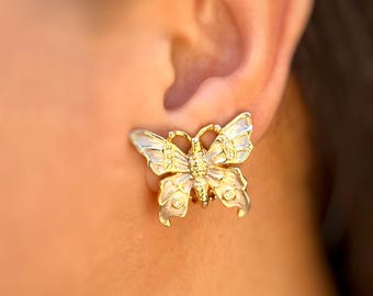Vintage Gold Tone Butterfly Clip-On Earrings | Pearly Enamel, Rhinestone Accents