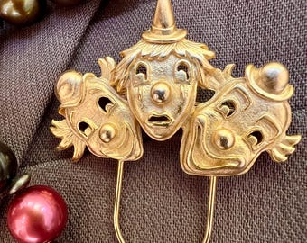Vintage Comedy Tragedy Mask Brooch | Gold Tone Theater Pin, Drama Jewelry