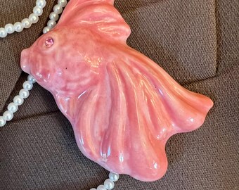 Vintage Pink Ceramic Fish Brooch Rhinestone Eye Koi Goldfish Pin Retro Novelty Statement Jewelry