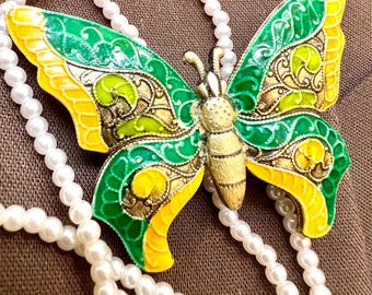Vintage Emaille Schmetterling Brosche: Grün Gelb Gold Ton Filigree Midcentury Deutschland