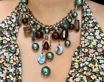 Vintage Beaded Statement Necklace-  Dangle Bib Necklace- Boho Fringe Jewelry- Festival Vibes