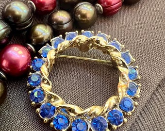 Gerry's Blue Rhinestone Brooch Gold Tone | Vintage Floral Statement Pin