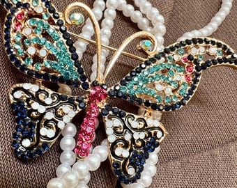 Vintage blaue Schmetterlingsbrosche | Strass Flügel, 90s Y2K Pin