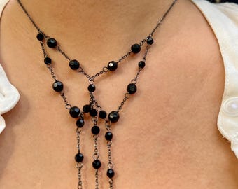 Vintage Black Beaded Y-Drop Necklace – Victorian Revival Gothic Statement Jewelry