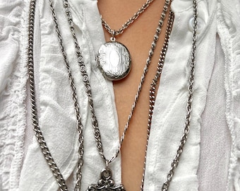 Vintage Goldette Silver Multi Strand Necklace Smoky Glass Locket Pendant Statement Necklace