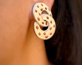 Vintage Enamel Clip-On Earrings Abstract Swirl Cream Brown Retro Mid Century Statement Earrings