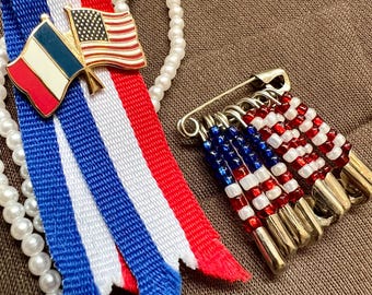 Vintage Patriotic Pin Set | American Flag, Beaded Safety Pin, Red White Blue Jewelry