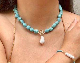 14k Gold Turquoise Color Blue Beaded Necklace & Baroque Pearl Beaded Bracelet | Coastal Jewelry