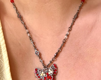Vintage Red Rhinestone Butterfly Necklace | Silver Tone Filigree Chain | Romantic Statement Jewelry Gift