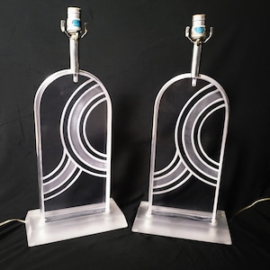 MCM Karl Springer Heavy Solid Lucite Carved Abstract Design Table Lamp Set