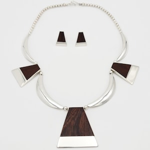 Superb RARE White Hogan Sterling Wood Modernist Necklace Earrings Set 60s