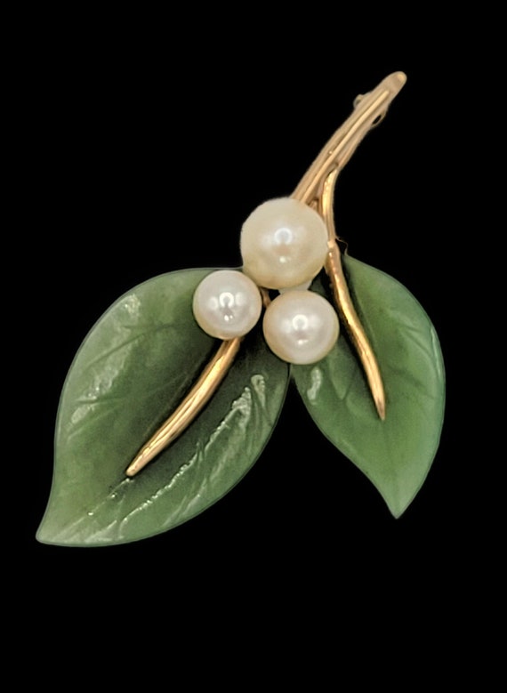 Vintage Gumps 14k Gold Pearl Green Jade Flora Faun