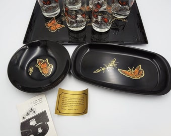 Couroc California Melamine Butterflies Glassware & Serving Trays Set Circa 1960s