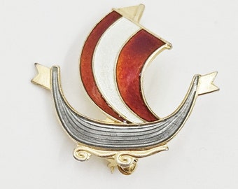 Aksel Holmsen Norway Sterling Enamel VIKING Longboat Lapel Pin C. 1950's