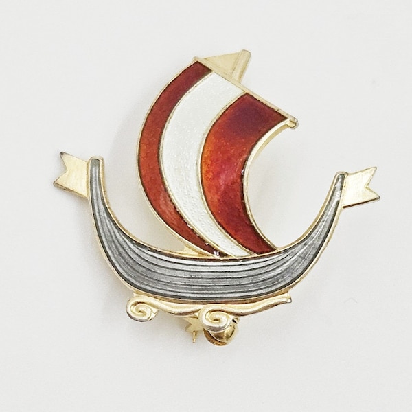 Aksel Holmsen Norway Sterling Enamel VIKING Longboat Lapel Pin C. 1950's