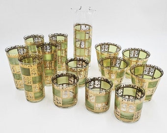 Stunning Culver Prado Green 22k Gold Martini Pitcher Glasses Barware Set 60s
