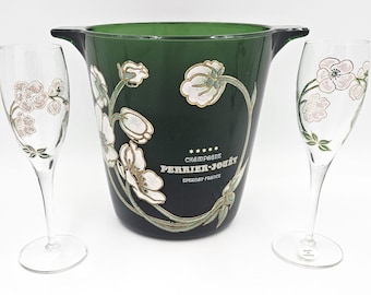 Perrier Jouet France Blown Glass Hand-Painted Champagne Chiller Flute Set 60s