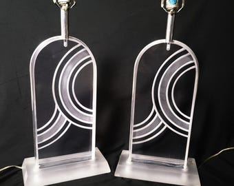 MCM Karl Springer Heavy Solid Lucite Carved Abstract Design Table Lamp Set