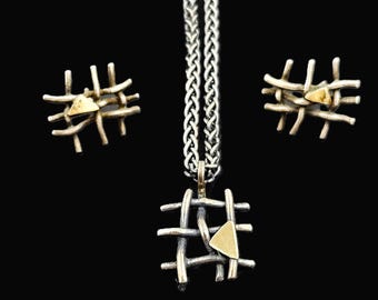 Vintage Artisan Sterling Silver & 24KGP Modernist Necklace and Earring Set