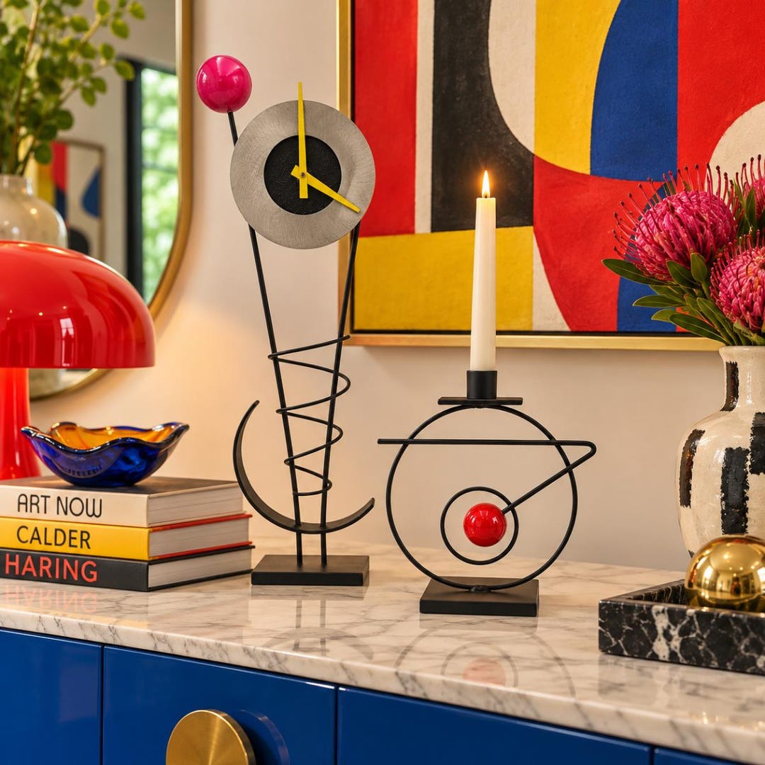 Rick Martin Modern Memphis Pop Art Steel Clock & Candleholder