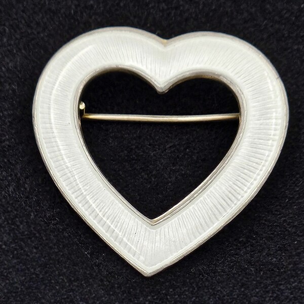 Aksel Holmsen Norway Sterling Silver & White Enamel Heart Pin Brooch 1950's