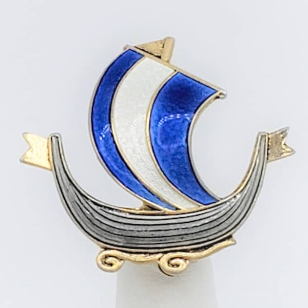 Aksel Holmsen Norway Sterling Enamel VIKING Longboat Lapel Pin C. 1950's