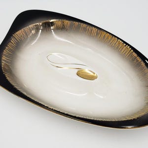 MCM Ceramic Retro MOD Cream Black and Metallic Gold Ashtray Trinket Dish 1960s