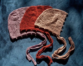 Hand Knitted Merino Wool Lace Bonnet, Adult Tie Bonnet