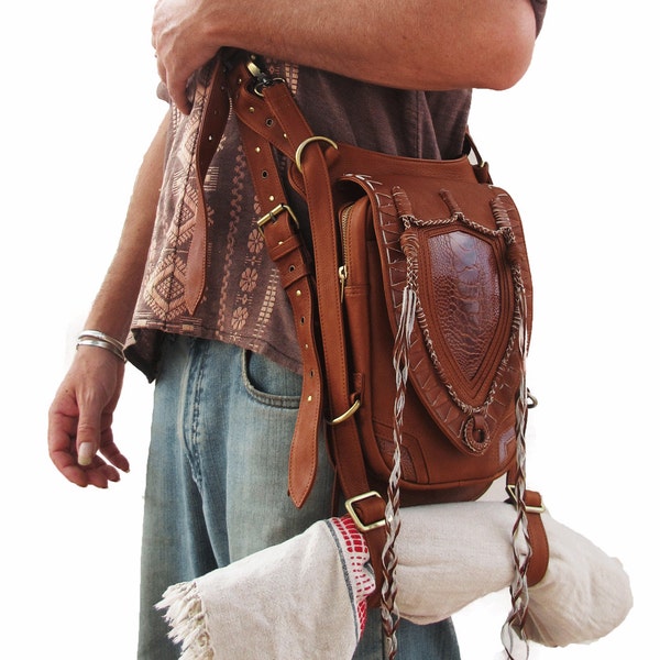 TAN Leather holster, leather utility belt, festival belt, steam punk belt, tribal jungle, navaho, messenger bag