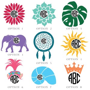 May include: Eight different monogram designs with the letters "ABC" in a circle. The designs include a sunflower, a mandala, a monstera leaf, an elephant, a dreamcatcher, a sun, a troll, and a seashell.