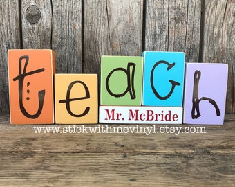 teach wood block set personalized with teacher's name