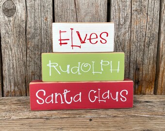 Elf, Rudolf, Santa Claus wood block set, Christmas blocks, wood sign, holiday blocks, Christmas decor, home decor, holiday decorations
