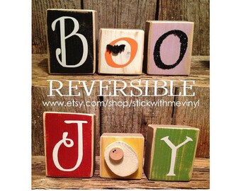 boo and joy reversible blocks, boo sign, wood block set, halloween boo sign, halloween wood decor, joy blocks, joy sign, holiday blocks