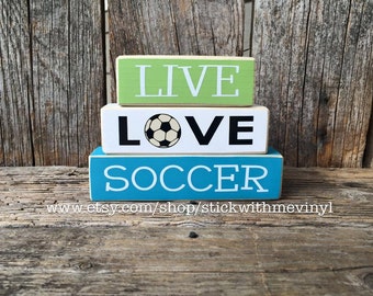 Soccer sign, LiVE LOvE SoCceR, soccer blocks, mini wood stacker, block set, sport blocks, soccer fan sign, soccer decor, sports decor