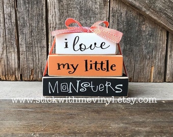 i love my little monster wood block set, halloween wood decor, halloween blocks, halloween sign, halloween decor, large stackable blocks