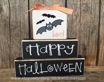 HALLoWEEN sign, halloween bats sign, happy halloween sign, wood blocks, Halloween blocks, Halloween decoration, fall sign, halloween decor,