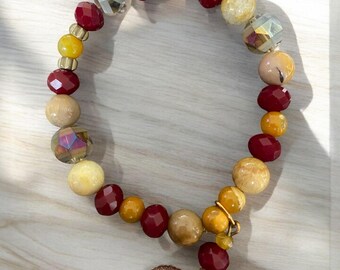 Pulsera de cuentas de granate mookite: detalles dorados estilo bohemio, 19 cm (7,5 pulgadas)