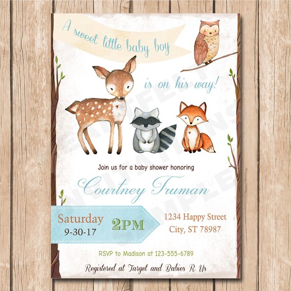 Woodland Animals Baby Shower Invitation Forrest Heart Boy Etsy