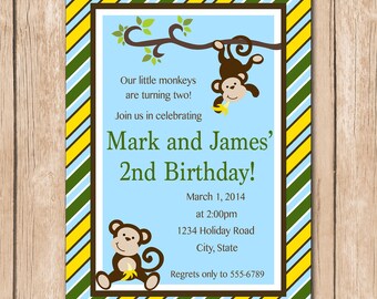 Monkey Birthday Invitation | Brothers, Friends, Twins - 1.00 each printed