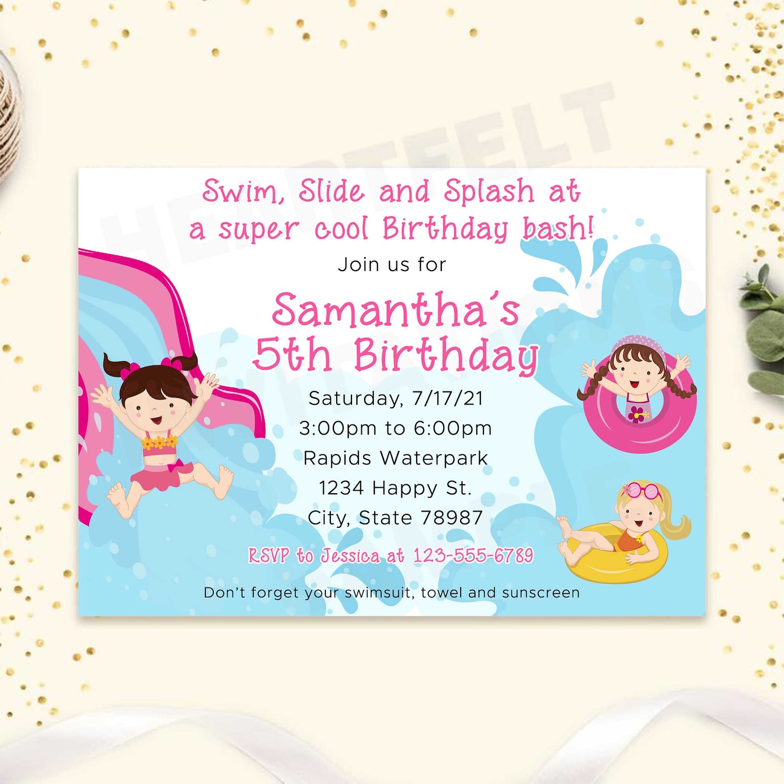 Waterpark Girl Birthday Party Invitation Water park Water Etsy