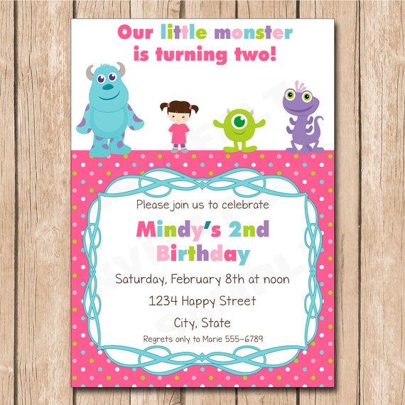 Mini Monsters Inc Girl Birthday Invitation Boo Sulley Etsy