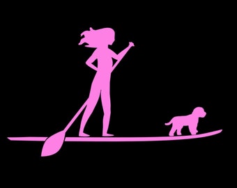 Paddle board Woman and Cavapoo Dog Vinyl Decal Girl paddleboard SUP