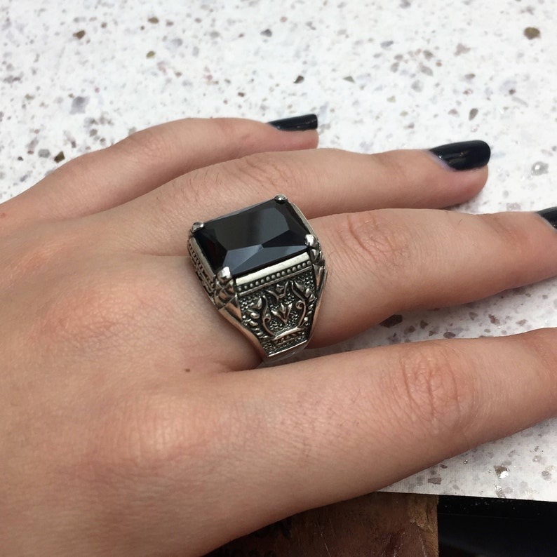 Silver Rectangular Onyx Ring Men's Silver Rings Sterling Etsy