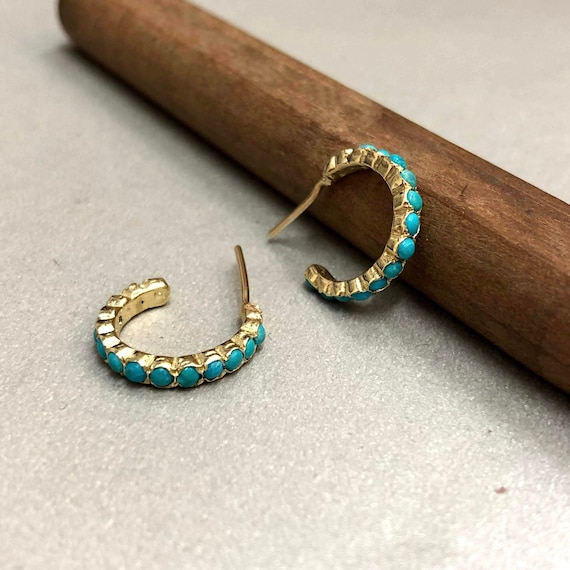 14k Solid Gold Turquoise Hoop Earrings Turquoise Hoops Gold - Etsy